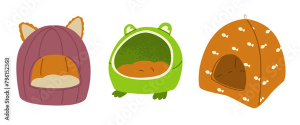 Fototapeta Set of three cat houses. Cozy havens for sleeping. Interior items for animals. Pet care. Design for stores with pet products. Home life of a cat. Vector illustration isolated on transparent background