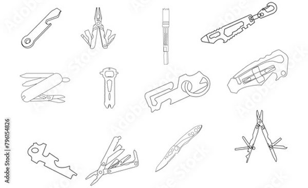 Fototapeta Multi-function Tools & Knives SOG Specialty Knives & Tools,  Multi-function Too,  leatherman outline Set. Multitool or multi-tool knife isolated outline vector on white background. This cutting tool.
