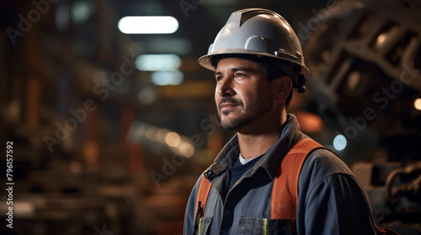 Fototapeta Environmental portrait of a worker in a large machinery component manufacturing facility checking product specs,