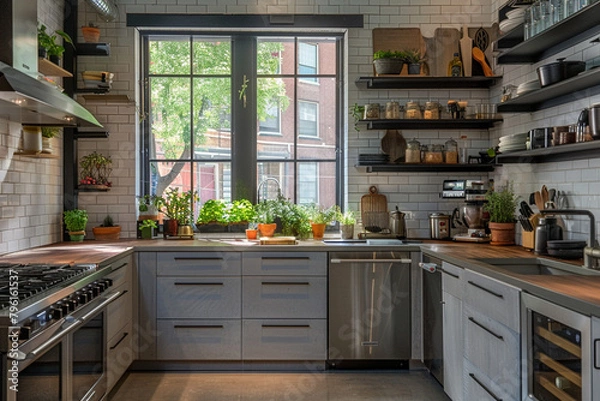 Fototapeta Modern urban kitchen interior with stainless steel appliances, open shelving, and herb garden on windowsill. Contemporary small kitchen design concept with industrial accents.