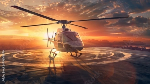 Fototapeta A helicopter hovering above a helipad, rotor blades spinning as it prepares to touch down with precision, showcasing the versatility and utility of rotary-wing aircraft.