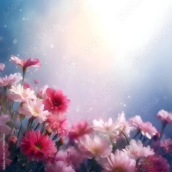 Fototapeta Beautiful fantasy flowers in pink and red on a gray-blue background with a sunny glow and highlights