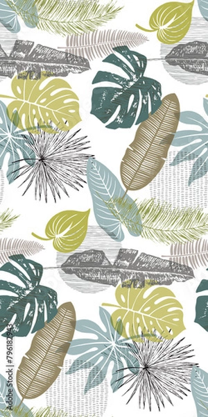 Fototapeta Textile and digital seamless pattern with leaves design 