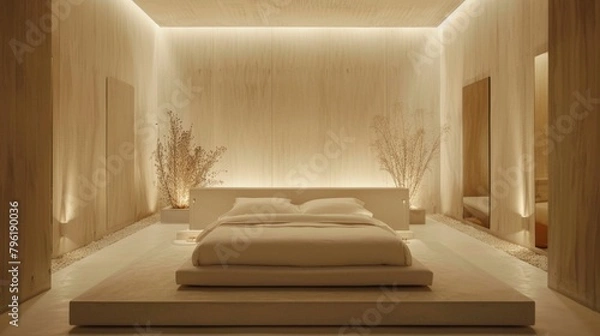 Fototapeta A serene bedroom oasis with minimalist decor and soft lighting, featuring a plush bed and unadorned walls for a peaceful and restorative sleep environment.