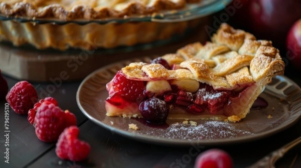 Fototapeta A slice of pie being served, with a golden crust and a generous filling of fresh fruits