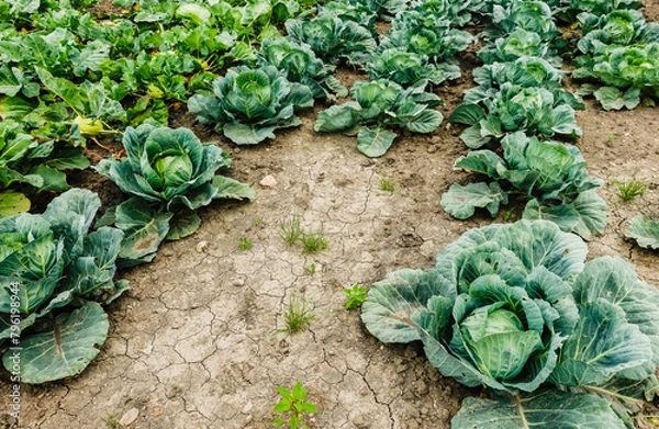 Obraz lot of green fresh cabbage on a field with dried out soil