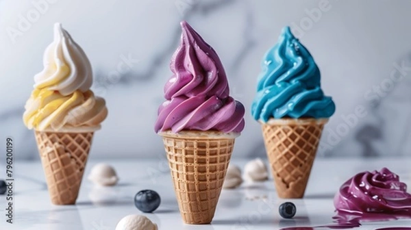 Fototapeta Three colorful soft serve ice creams in waffle cones with berries on a marble background
