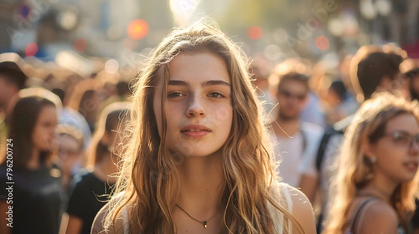 Obraz Banner with a young beautiful woman looking at camera in the crowd
