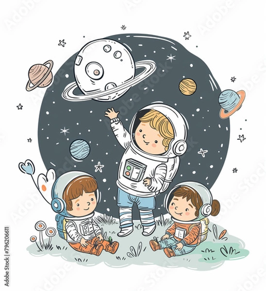 Fototapeta A Group of Children Dressed as Astronauts Exploring Outer Space. Flat Color Illustration on White Background, Clip Art for Kids