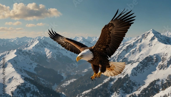 Obraz Bald eagle soaring over Alaska Bay near Homer , in Flight, (Haliaeetus leucocephalus)