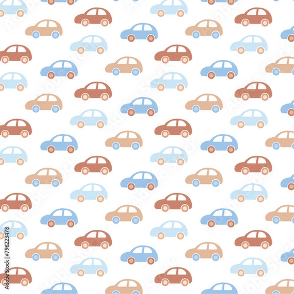 Obraz Cute pastel pattern with blue and brown cars on a white background. It is a vector illustration in the style of flat.