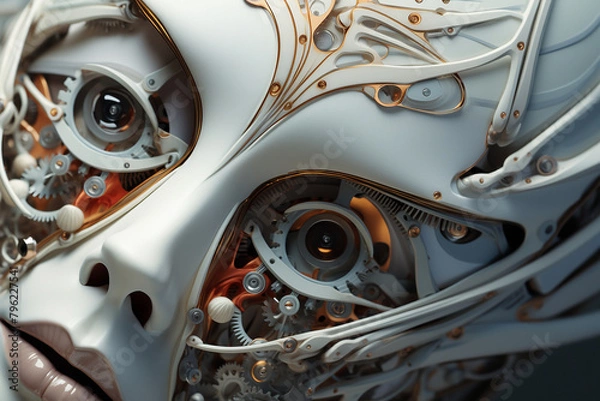 Fototapeta Close-up of a humanoid robotic face with mechanical details and copper tones
