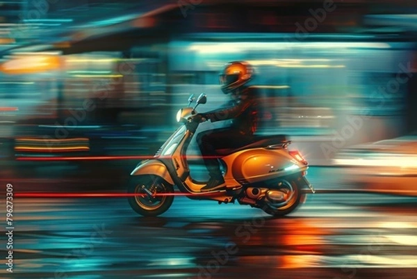 Fototapeta A man riding a scooter on a busy city street. Suitable for urban transportation concepts