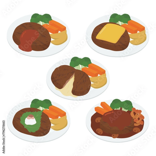 Fototapeta ハンバーグ（皿）のイラストセット