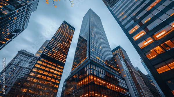 Fototapeta A view of a high rise glass building and a dark steel window system on a blue clear sky background. A business concept of future architecture, looking up to the sun's light on top of the building. 3D