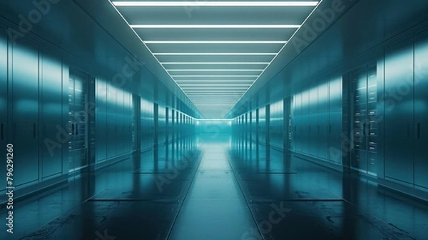 Fototapeta  state-of-the-art data center with rows of servers humming with activity, illuminating the room with a soft blue glow. 