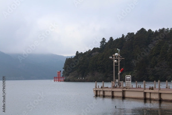 Obraz Traditional shrine gate near lake in japan