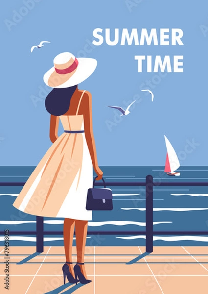 Obraz Woman in dress and hat on seaside promenade. Perfect background on the theme of summer travel, vacation or weekend. Vector illustration in minimalistyc style.