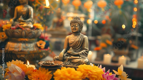 Fototapeta A Buddha statue surrounded by burning candles and flowers. The concept of "Happy Vesak Day". Experience the serene beauty of a Buddhist saint. The bokeh effect in the background.