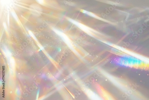 Fototapeta White background with bright iridescent sunlight flares and colorful refractions