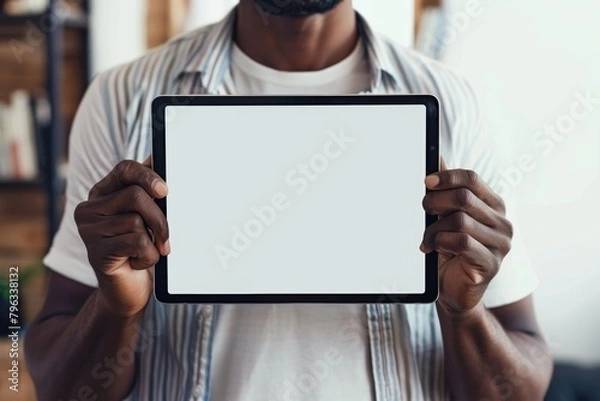 Fototapeta Device screen afro-american man in his 40s holding a tablet with a fully white screen