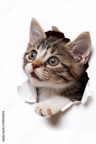 Fototapeta a kitten  breaking through the paper generated by AI