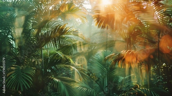 Fototapeta Jungle double exposure, tropical jungle with sun rays, sunlight branch yellow backdrop vibrant color