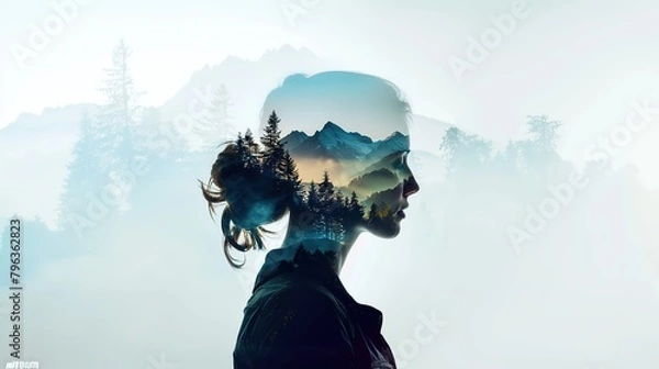 Fototapeta Double exposure portrait of woman blended with nature, forest trees form face, creative art of beauty and tranquility