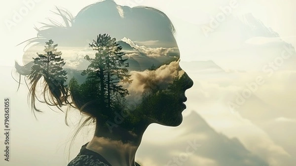 Fototapeta Double exposure portrait of woman blended with nature, forest trees form face, creative art of beauty and tranquility