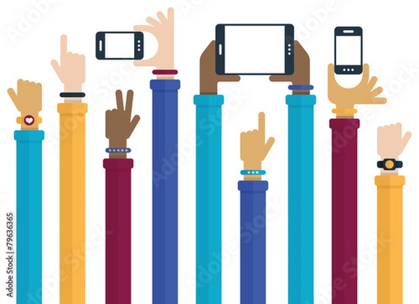 Obraz Hands Raised with Mobile Devices