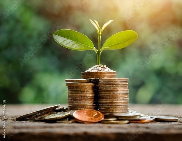 Obraz Coin with plant growing on top, business development and investment