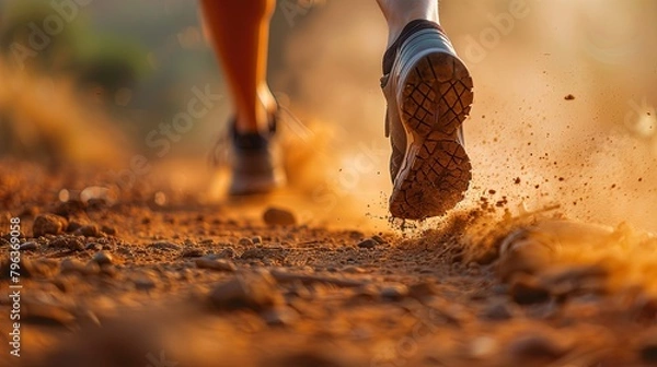 Obraz Trail runner sport shoes swiftly Running on a dusty Trail, showing determination and speed 