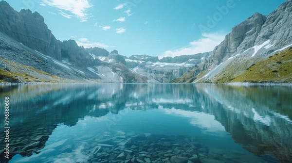 Fototapeta A beautiful lake surrounded by mountains with a clear blue sky above