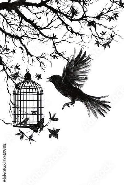 Fototapeta Illustration of a bird escaping an open cage, symbolizing freedom from confinement