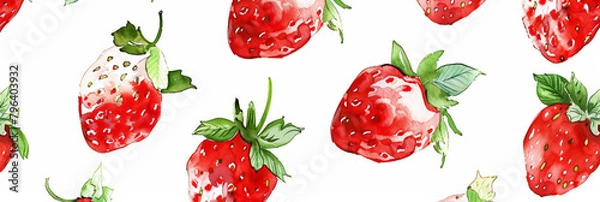 Fototapeta Seamless white and red strawberry pattern on pure white background, hand painted, watercolor. Generative AI
