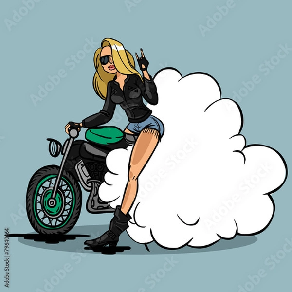 Obraz Funny vector cartoon colorfull biker girl in pin-up style isolat