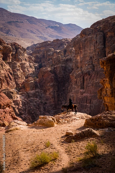 Obraz A Bedouin on a donkey stares at the valley of the archeologial site opf Petra in Jordan