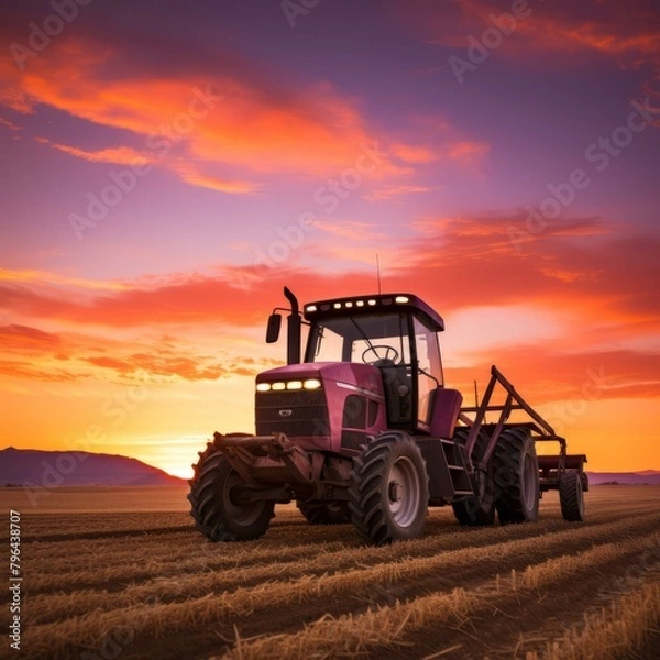Obraz b'Tractor in the field during sunset'