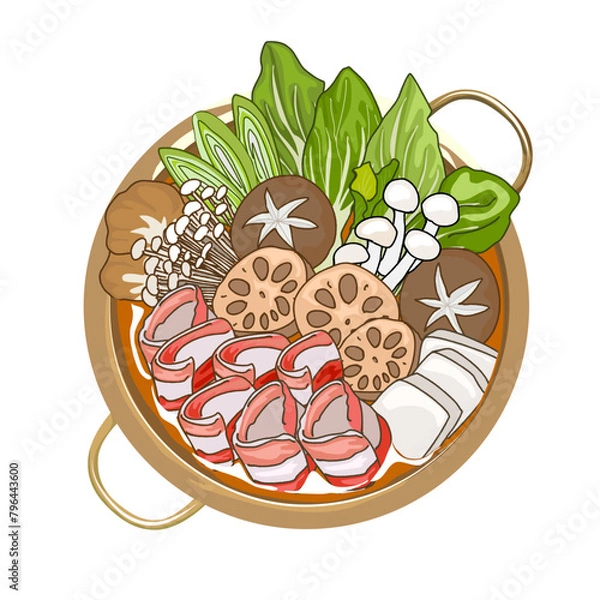 Obraz Hot pot, pork belly sliced and mix vegetables, mushrooms, lotus roots, onion, box cho, bunching onion and tofu in a pot with soup. Authentic Asian cuisine, vector food hand drawing.food Illustration  