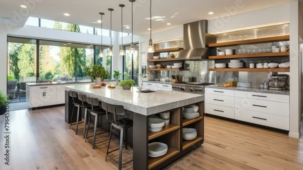 Obraz b'Modern kitchen interior with island and stainless steel appliances'
