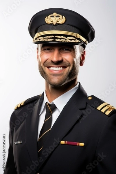 Fototapeta b'Handsome pilot in uniform smiling'