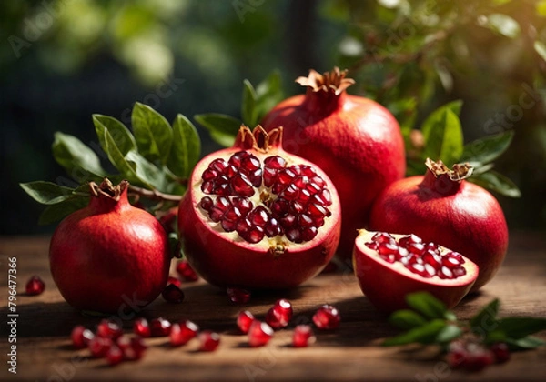 Fototapeta Pomegranate on tree branch, Red ripe pomegranate fruits grow on pomegranate tree in garden, Punica granatum fruit, close up of pomegranate to produce a delicious juice, Harvest concept selective focus