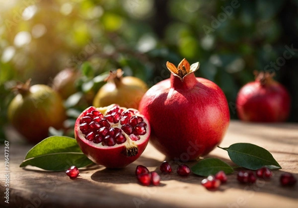Fototapeta Pomegranate on tree branch, Red ripe pomegranate fruits grow on pomegranate tree in garden, Punica granatum fruit, close up of pomegranate to produce a delicious juice, Harvest concept selective focus