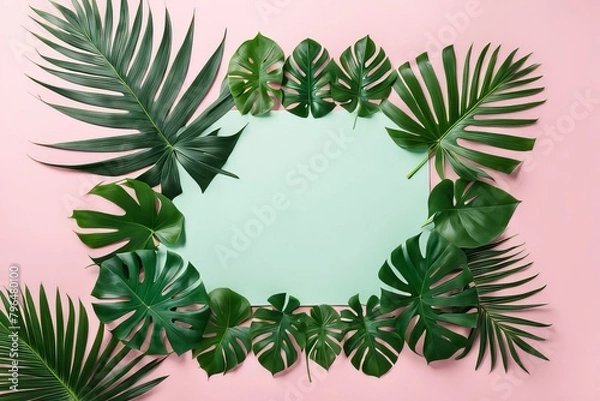 Fototapeta Tropical leaves on a pink background. Isolated on a solid color surface.