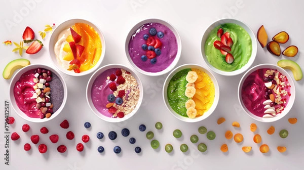 Fototapeta Smoothie Spectrum: Colorful Bowls in a Minimalist White Row