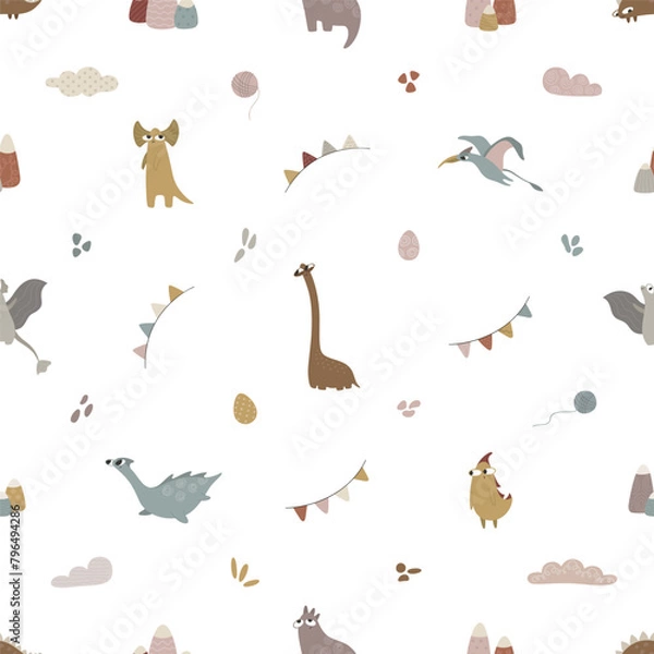 Obraz Cute dragons and dinosaurs. Seamless pattern. Template for print, textile, paper. Vector illustration in flat style.