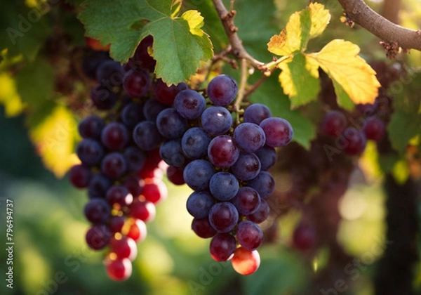 Obraz Vineyards at sunset in autumn harvest. Ripe grapes in fall.