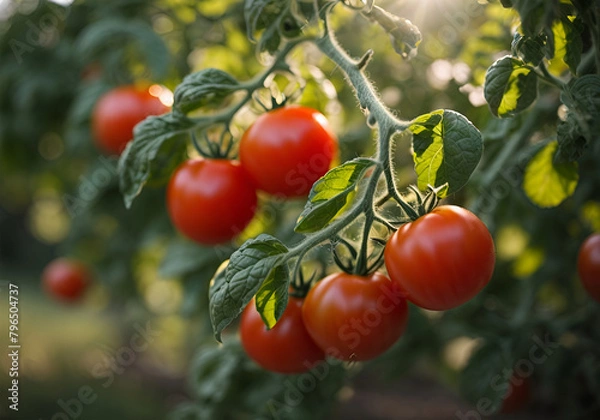 Fototapeta Ripe tomato cluster in greenhouse. Autumn vegetable harvest on organic farm.