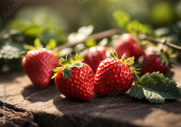 Fototapeta Ripe strawberries with leaves on wooden table on blurred background