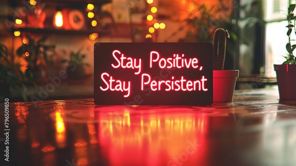 Obraz A vibrant vermilion background illuminating the compelling words "Stay Positive, Stay Persistent"